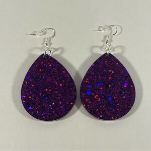 Purple Resin Chunky Glitter Dangle Earrings Teardrop Shape NWT